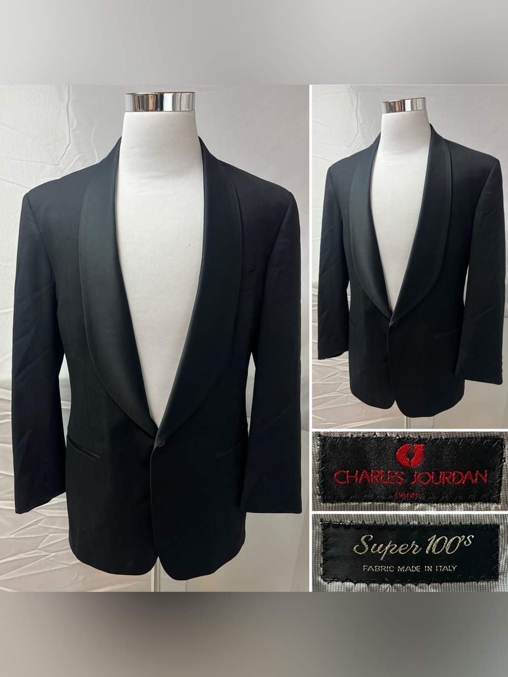 Vintage Charles Jourdan Men's 40R Black Tuxedo Satin Shawl Collar Blazer Jacket